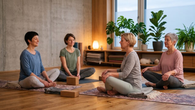 Gruppe von Frauen in einem gemütlichen Sportraum, die gemeinsam Yoga machen