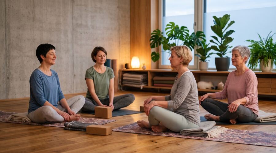 Gruppe von Frauen in einem gemütlichen Sportraum, die gemeinsam Yoga machen