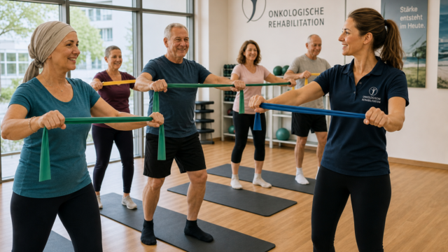 Eine Gruppe Rehabilitandinnen und Rehabilitanden trainiert in einem Sportraum mit Gummibändern unter der Anleitung einer Therapeutin.