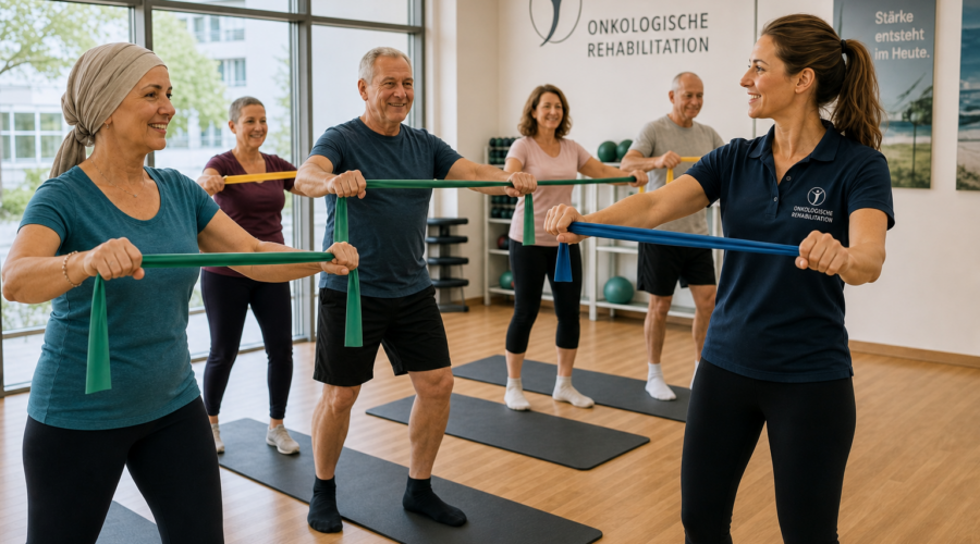 Eine Gruppe Rehabilitandinnen und Rehabilitanden trainiert in einem Sportraum mit Gummibändern unter der Anleitung einer Therapeutin.